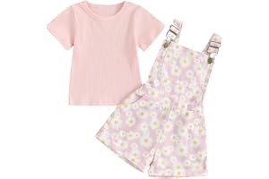 Lucikamy Toddler Baby Girls Summer Outfit Short Sleeve Ribbed Tops + Flower Suspender Overalls Shorts Set Kids Cute Clothes