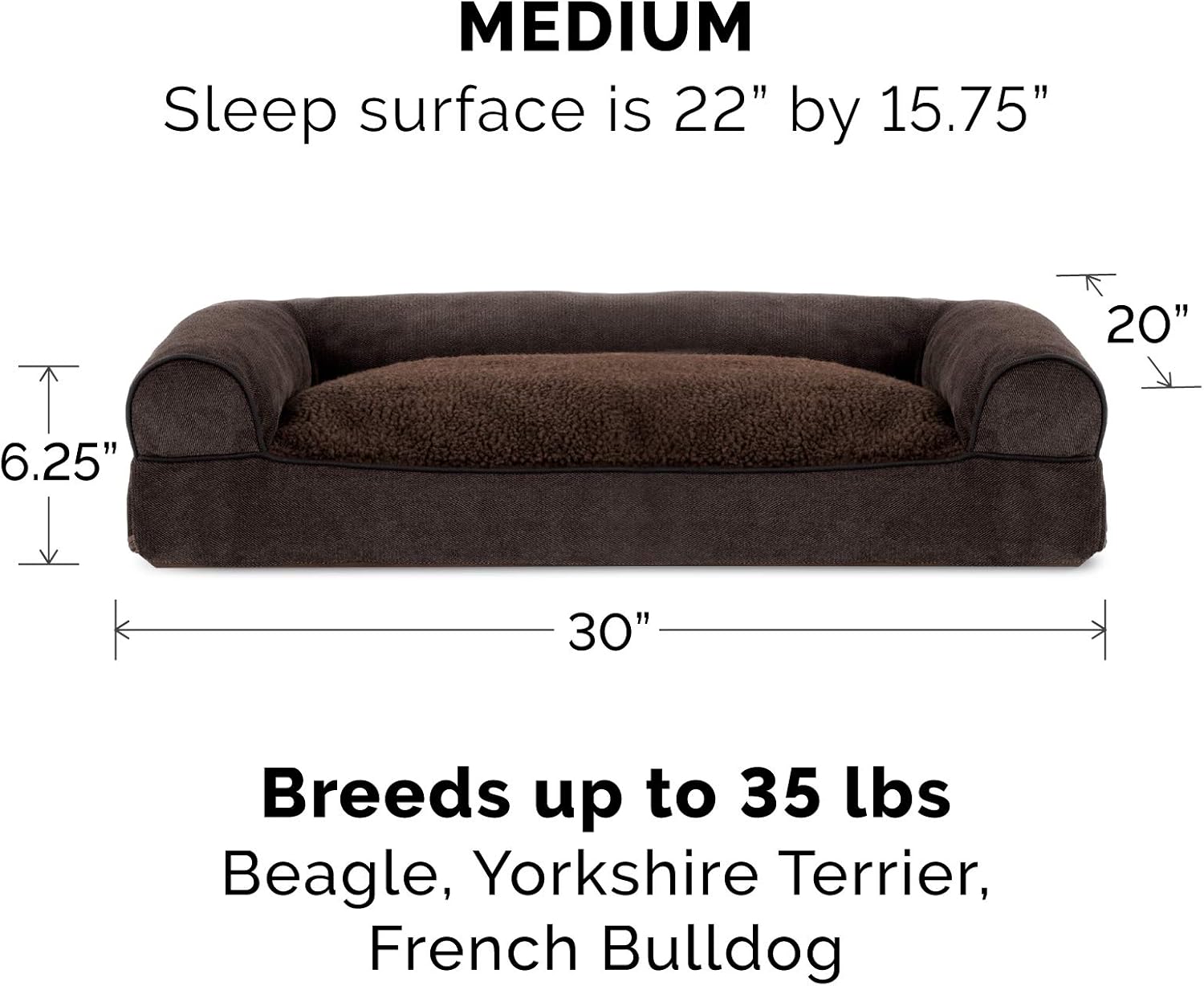 Furhaven Pet Dog Bed - Faux Fleece and Chenille Soft Woven Pillow Cushion Traditional Sofa-Style Living Room Couch Pet Bed with Removable Cover for Dogs and Cats, Coffee, Medium : Pet Supplies