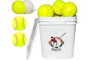 Poosue Bucket of 13 Practice Softballs, Official Size and Weight Slowpitch Softball Unmarked Leather Covered Youth Fastpitch Softball Ball Sports Softball for Games, Practice and Training, Yellow