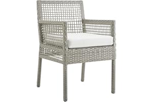 Modway Aura Wicker Rattan Outdoor Patio Dining Arm Chair with Cushion in Gray White