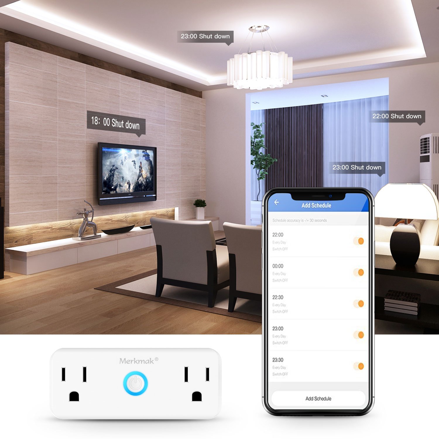 Smart Plug ,Merkmak Wi-Fi Mini Dual Outlets Smart Sockets 15A Timing Switch with Energy Monitoring Compatible with Amazon Alexa and IFTTT Google Assistant No Hub Required(Android/IOS)