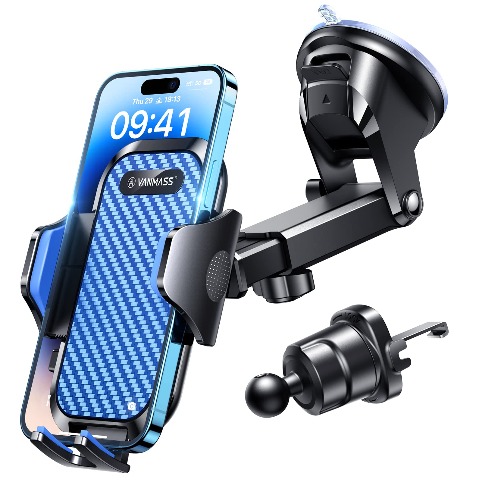 VANMASS BEST Car Phone Holder [Upgraded Suction & Clip] Rotatable Universal Mobile Phone Mount Dashboard Windscreen Vent Cradle Van Automobile Accessories for iPhone 16 15 Pro Max 14 13 12 8,Blue