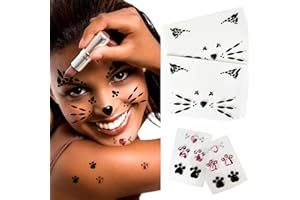 LEOARS Crystal Cat Face Jewels, Pink Cat Print Gems, 2-Sheet Black Cat Eye Gems Sticker and 2-Sheet Fake Cat Lash Gems Tattoo Stick on Face for Women Kids Cat Halloween Makeup