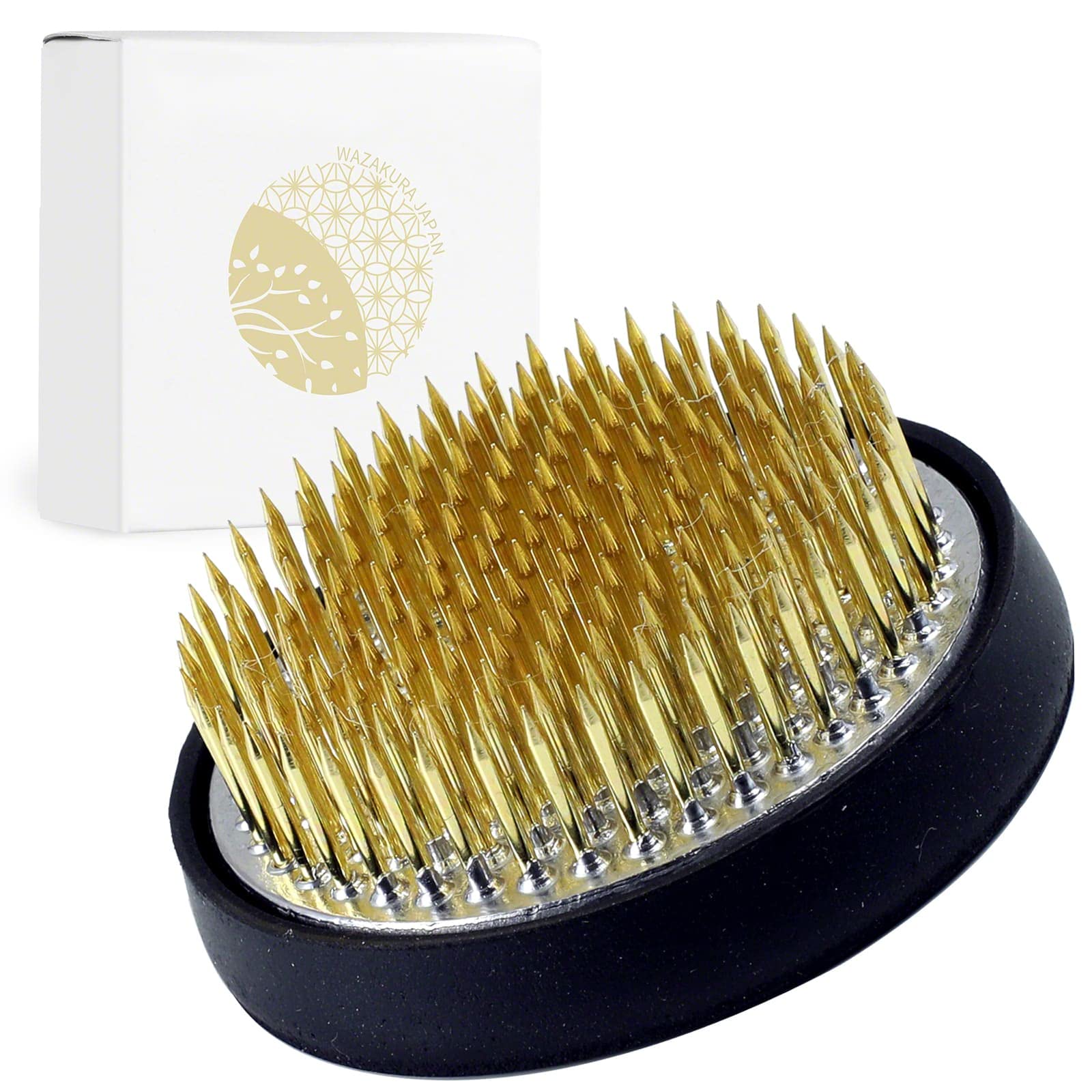 Wazakura 2.4" (61mm) Round Brass Ikebana Kenzan Flower Pin Frog Made In Japan, Japanese Floral Arrangement Tool Flower Holder for Vase and Container - Brass 2.4"