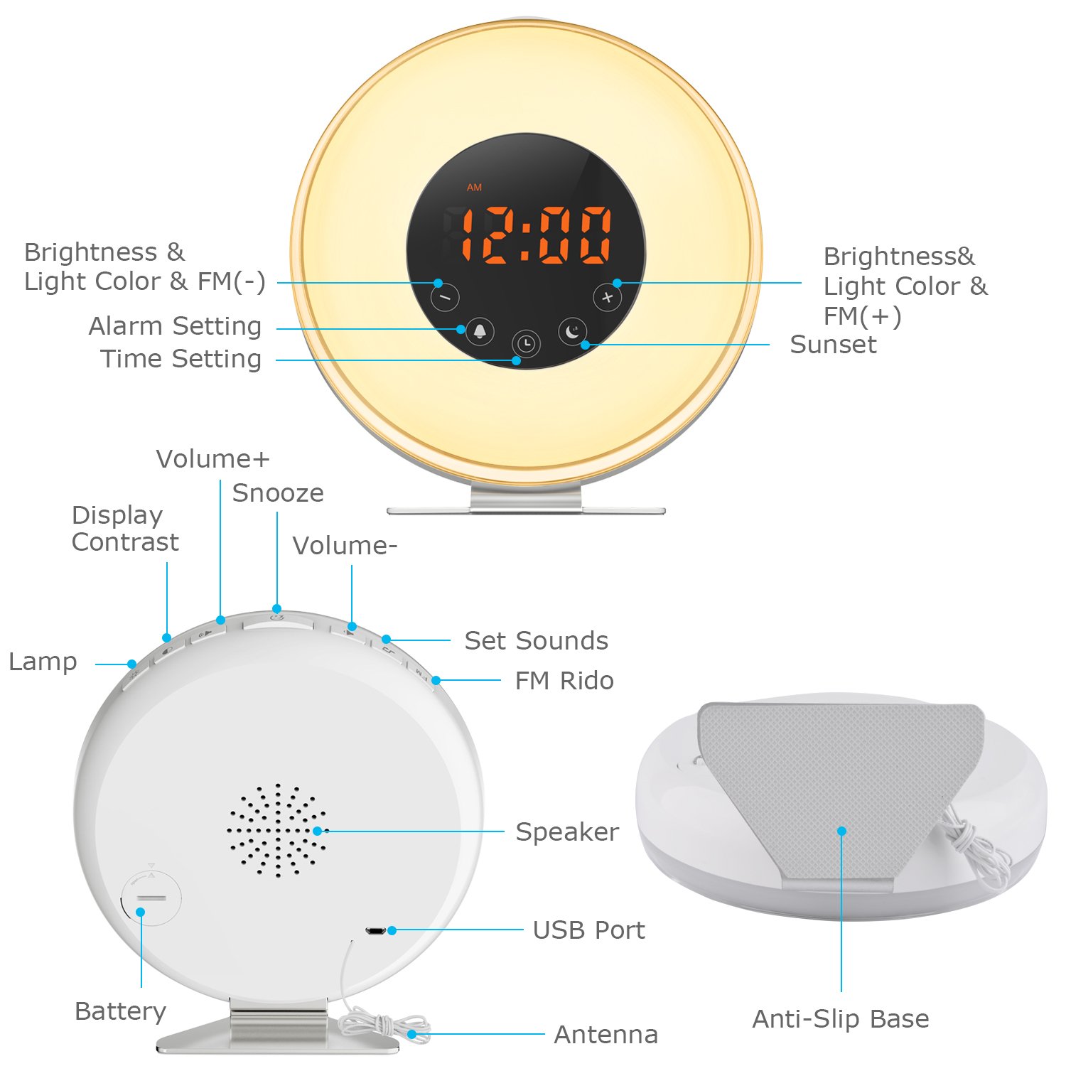 Ifecco Despertador despertador con luz del sol y simulación, noche de la luna del LED más 7 color que cambia la alarma de radio de la ayuda FM, control del tacto