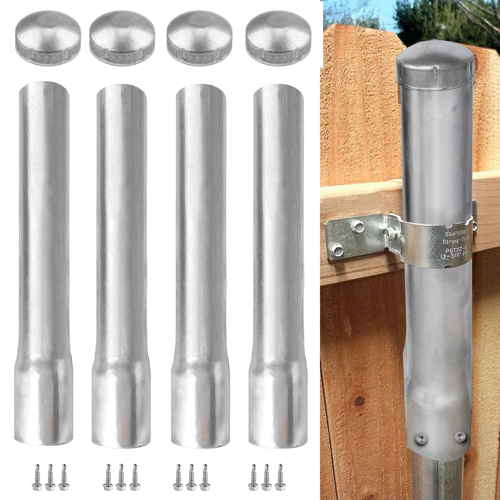 View 1 of GRELWT 4 Pack 2-3/8" OD Metal Post Extender, 12" Fence Post Extension Height, Hot-dip Galvanized Steel, Includes Screws and Caps