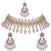 I Jewels Gold Plated Kundan Bridal Choker Necklace Jewelry Set of 3 with Chandbali Earrings Maang Tikka Pearl Drops Indian Bo