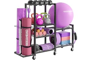 SEEAHEAD 6-Tier Home Gym Storage Rack with Wheels, Dumbbell Weight Rack and Yoga Mat Organizer, Multi-Purpose Gym Equipment Storage Stand for Home Gym Accessories