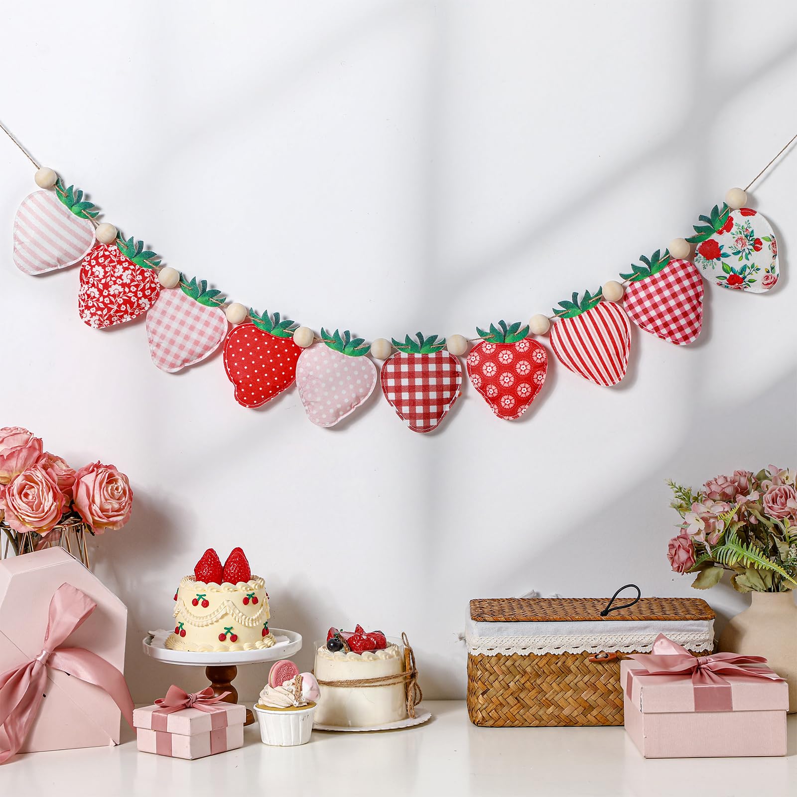 Photo 1 of SmoothNovelty Strawberry Felt Banner Garland Decor Vintage 3D Strawberry Hanging Garland with Wooden Beads for Back to School Birthday Party Baby Shower DIY Home Wall Fireplace Decor(Bright)
