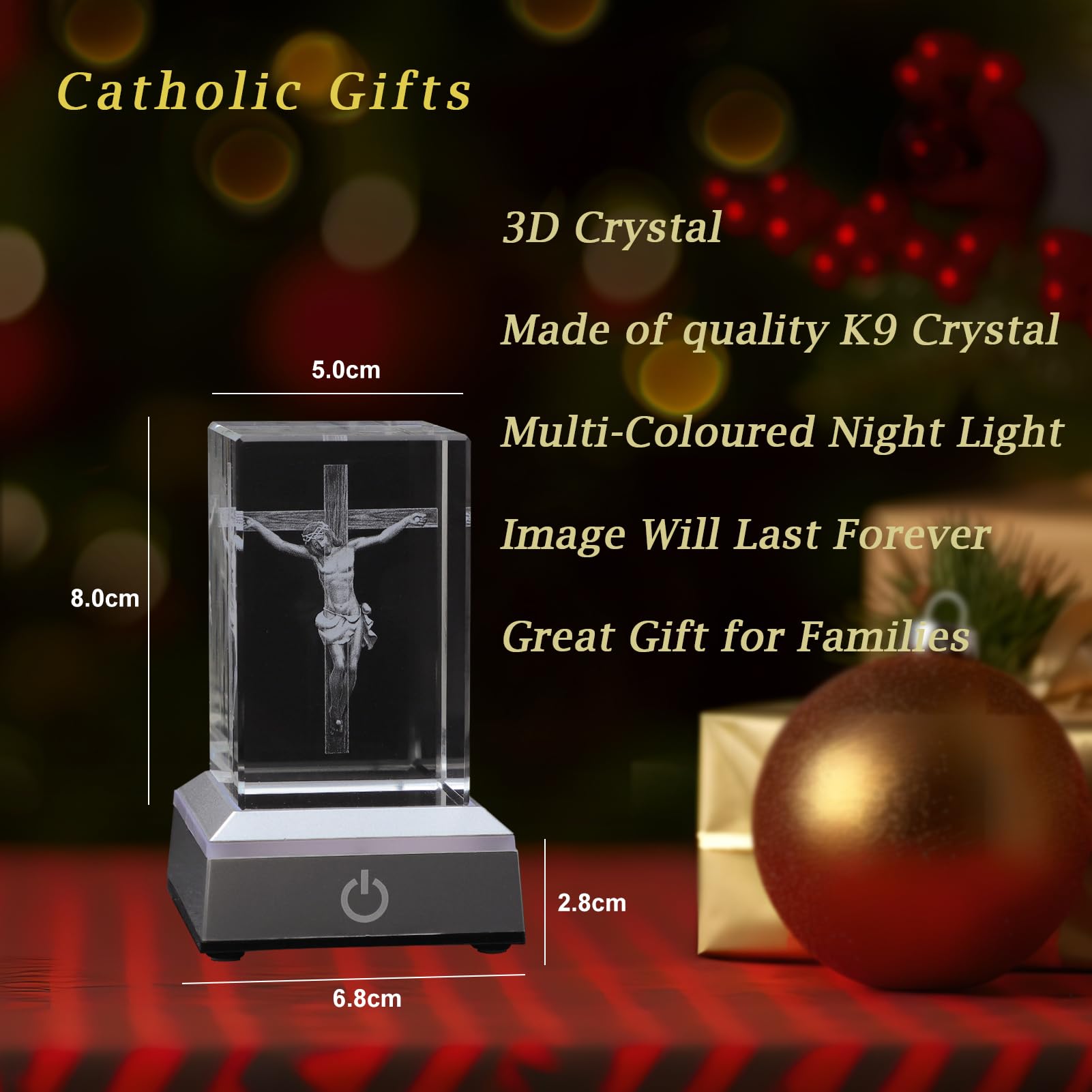 KOMI 3D Crystal Jesus Figurine Statue with LED Light Base, Laser Engraved Jesus Crucifix Statues Religious Gifts for Women Men, Night Light for Bedroom, Christian Catholic Home Decor