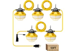 G GJIA 50FT Construction String Lights with Protective Cage, IP65 Waterproof LED String Work Lights, 5000K Daylight 18AWG Wire Linkable Temporary Construction Lights for Jobsite with 5 Bulbs & Hooks