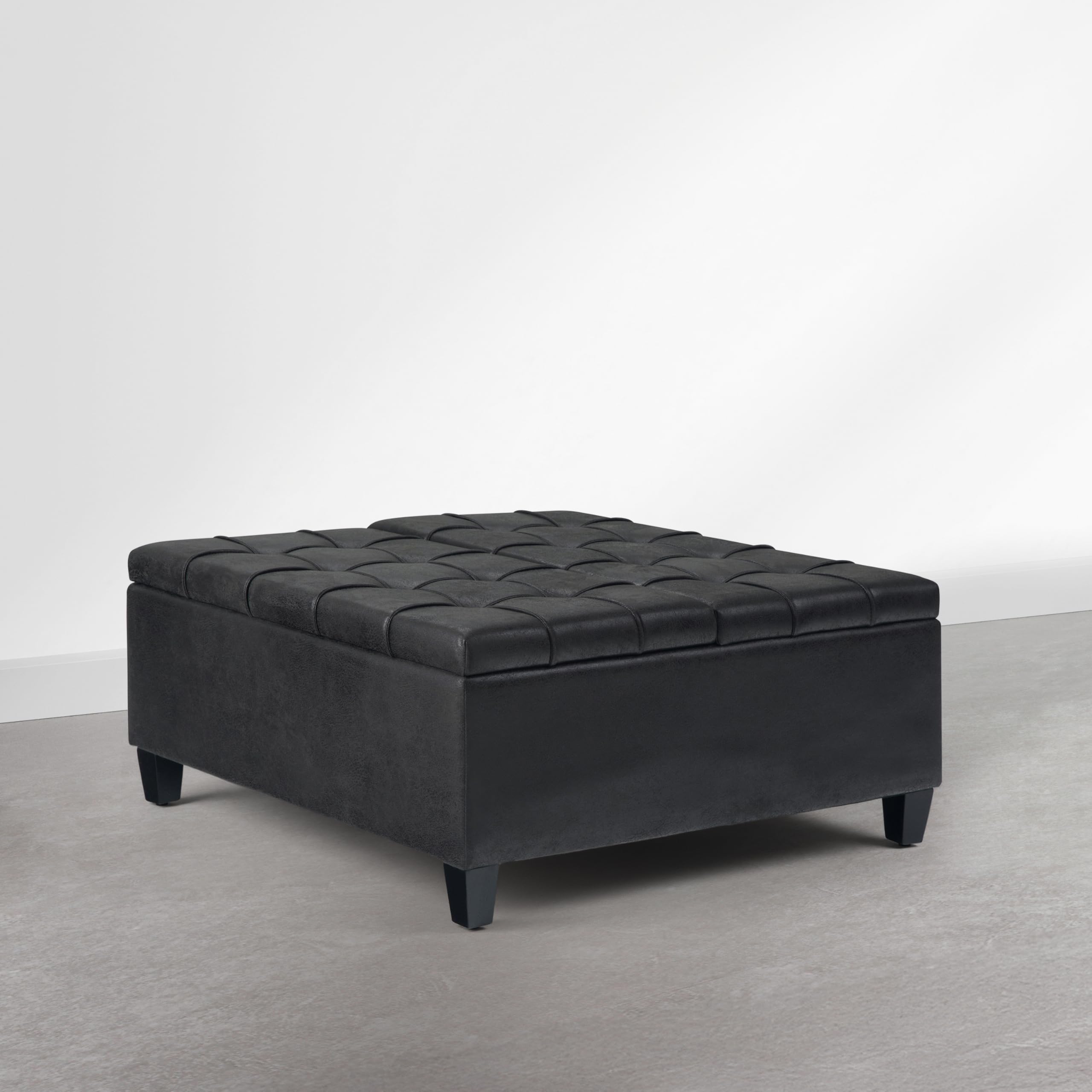 SIMPLIHOME Harrison Coffee Table Storage Ottoman - 36 inch Wide Upholstered Vegan Leather Square Ottoman in Distressed Graphite Black, Transitional Ottoman for Living Room with Split Lift-Up Lid Image