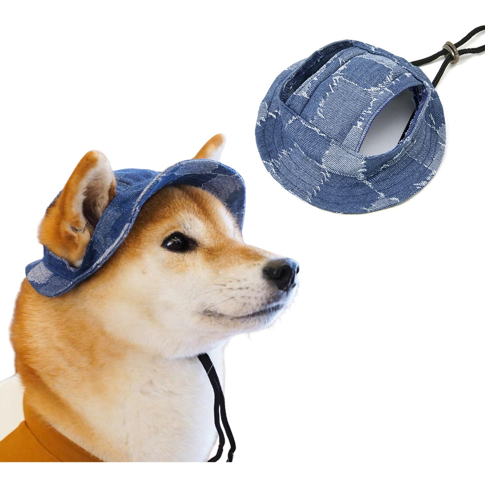 BT Bear Dog Bucket Hats, Cotton Casual Dog Round Cap with Ear Hole, Adjustable Outdoor Travel Sun Protection Sport Hat for Cat Small Medium Dogs Dark Blue Denim M