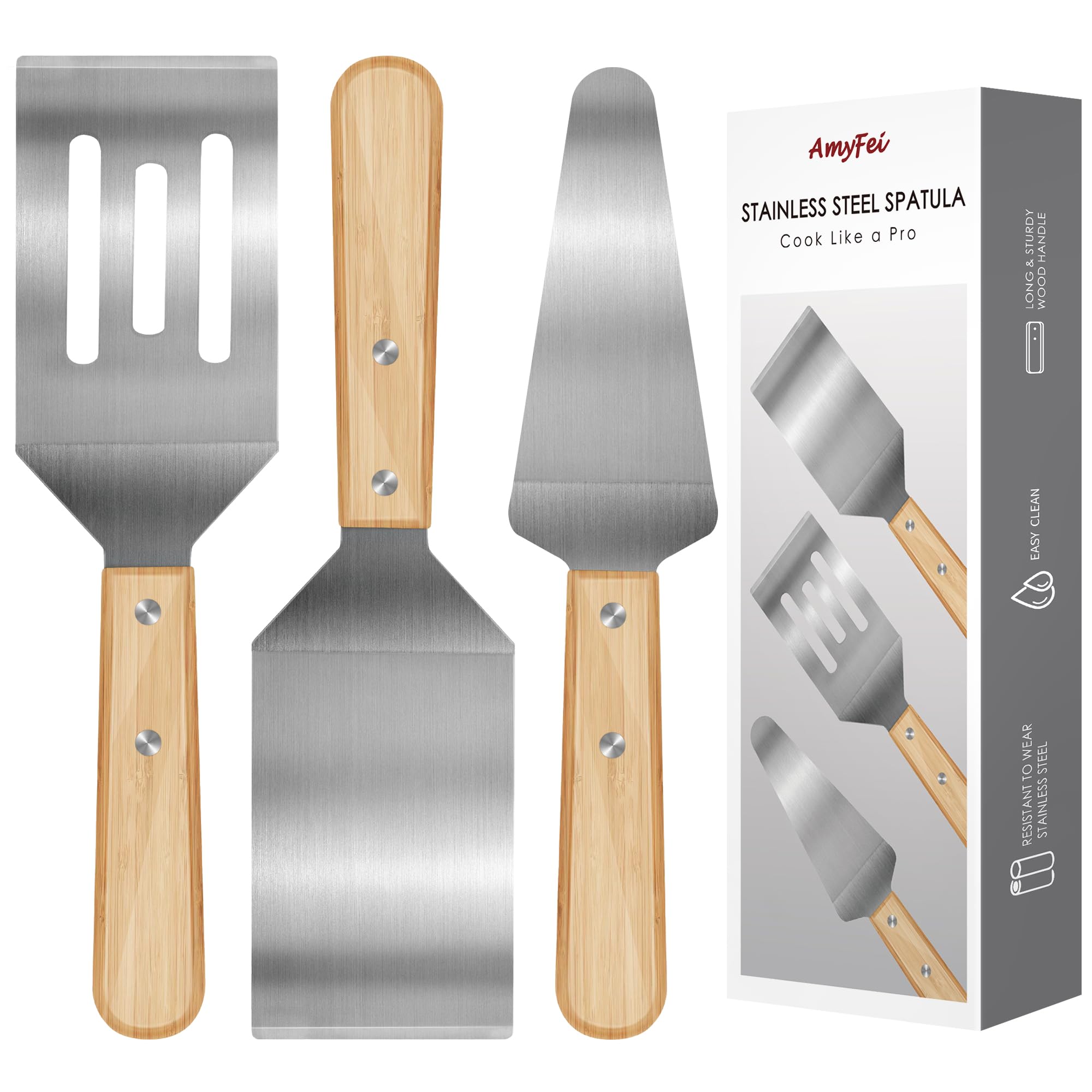 Photo 1 of 3 Pieces Stainless Steel Spatula Set,Metal Spatula for Cast Iron Skillet,Metal Spatula for Cooking with Wooden Handle,Metal Spatulas for kitchen use for Pancakes,Frying steak,Burger and Desserts