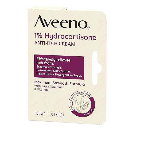 AVEENO MAXIMUM STRENGTH 1% HYDROCORTISONE ANTI-ITCH CREAM, TRIPLE OAT, ALOE & VITAMIN E FOR ITCH RELIEF FROM ECZEMA, PSORIASIS, INSECT BITES, POISON IVY, OAK & SUMAC & DETERGENTS, 1 OZ, 2 PACK