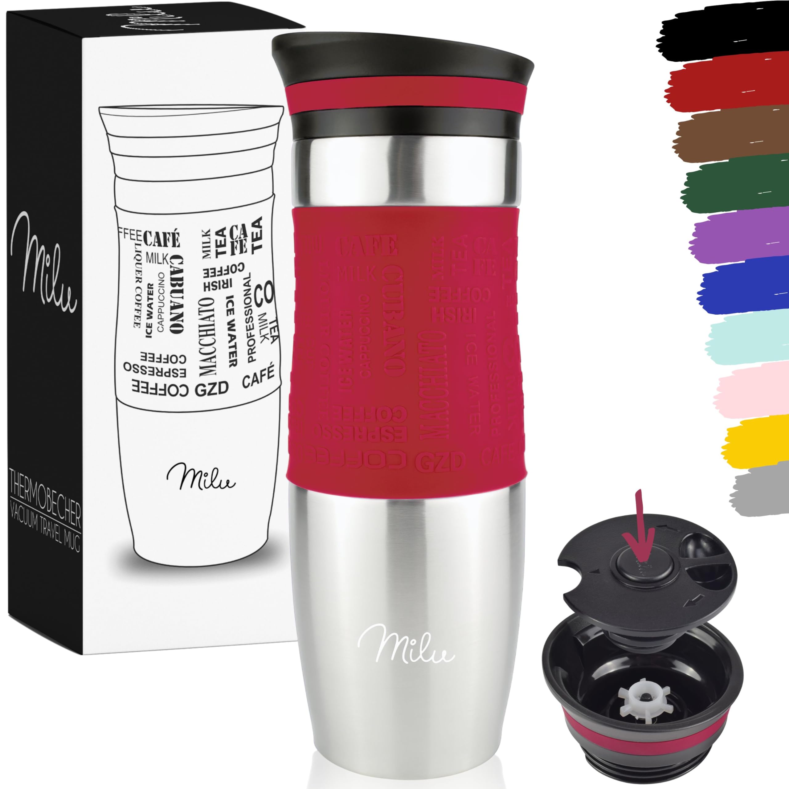 Milu Travel Mug 370ml 450ml - Insulated Coffee Cup to go - 100% Leak Proof - Stainless Steel Drinking Mug - Car Mug Double Wall Insulation Thermo Coffee Flask (Red, 450ml)