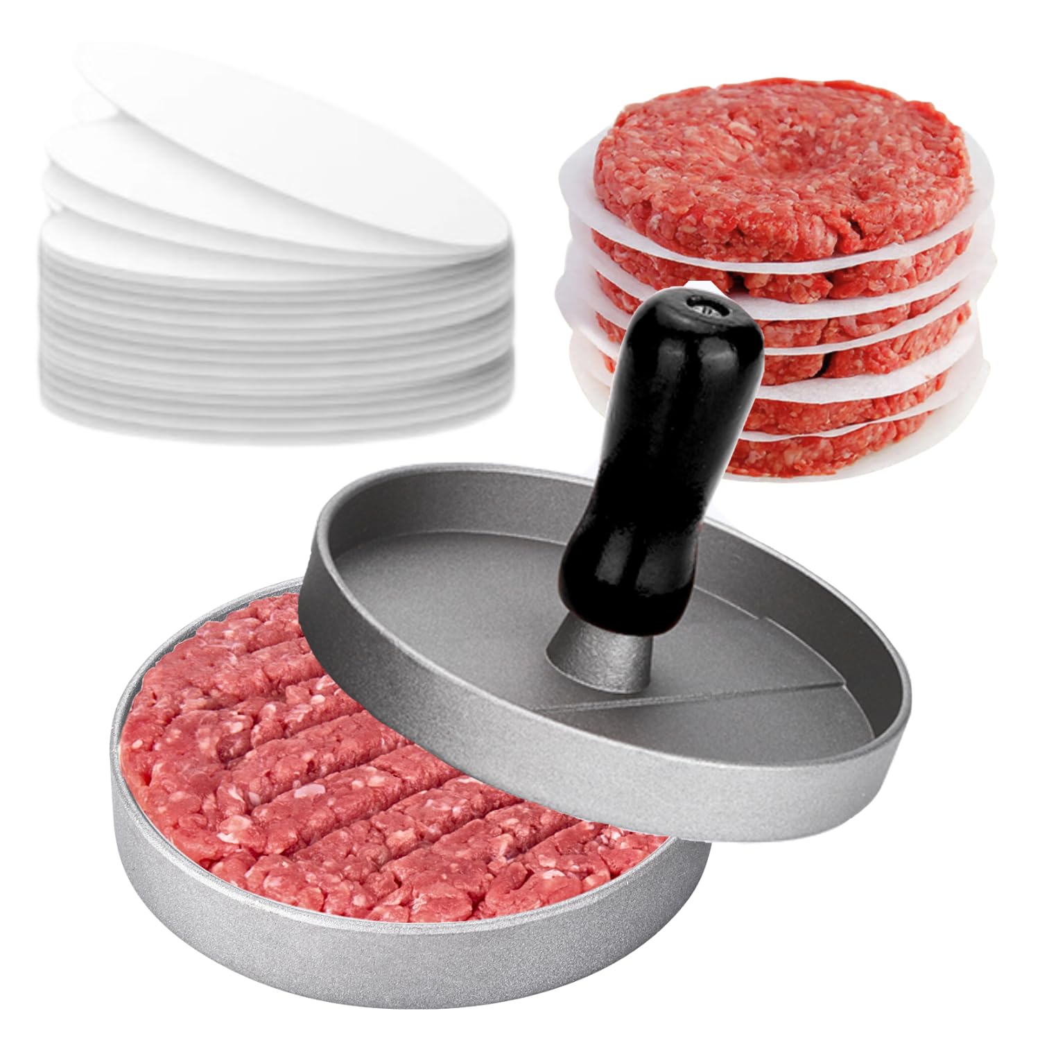 LAKEDO Burger Press Machine with 【100 Wax Disc Papers】 - Nonstick Aluminum Hamburger Patty Maker - Burger Press Set for Making Burger Patty