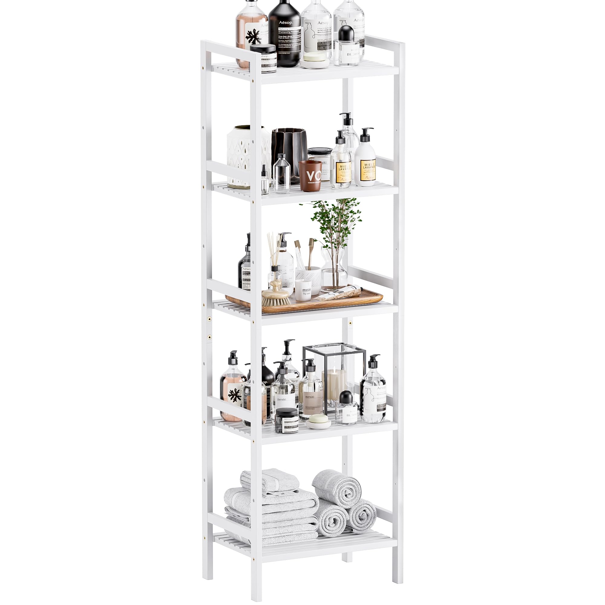 Photo 1 of **MISSING PARTS***HITNET 5 Tier Bamboo Shelf, Tall Narrow Bookcase, Freestanding Bathroom Storage Unit with Adjustable Shelves, Modern Display Standing Bookshelf for Living Room, Bedroom, Home Office, White