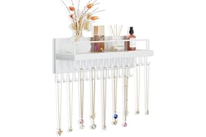Lolalet Necklace Holder Hanging Necklace Organizer Wall Mounted Jewelry Organizer with 28 Hooks and Perfume Shelf, Wood Necklace Hanger Rack for Bracelets -White