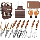 Brown Gardening Tools Set 12-Piece, Garden Hand Tool Kit with Non-Slip Ergonomic Handle, Storage Tote Bag, Garden Apron, Gloves and Kneeling Pad, Gardening Gifts for Women Men Plant Lover