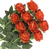 Veryhome 10 Pcs Artificial Roses Silk Flowers Burnt Orange Single Stem Bouquet