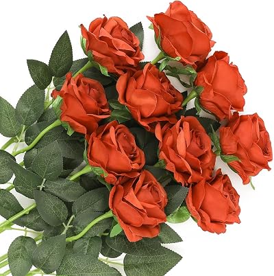 Veryhome 10 Pcs Artificial Roses Silk Flowers Burnt Orange Single Stem Bouquet