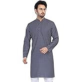 In-Sattva Men's Indian Folk Print Banded Collar Knee-Length Kurta Tunic