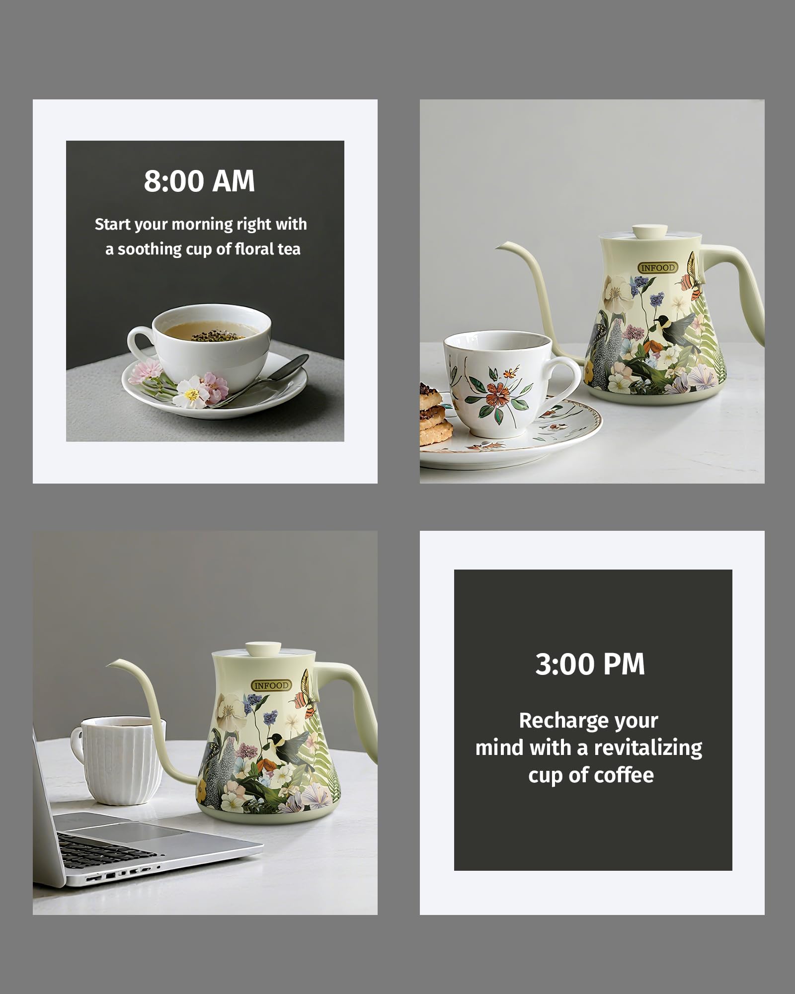 INFOOD Hervidor eléctrico de cuello de cisne de 0,8 L, control preciso de temperatura para verter café y té, agua de ebullición rápida de 1200 W, apagado automático, programación, acero inoxidable, diseño pintado floral