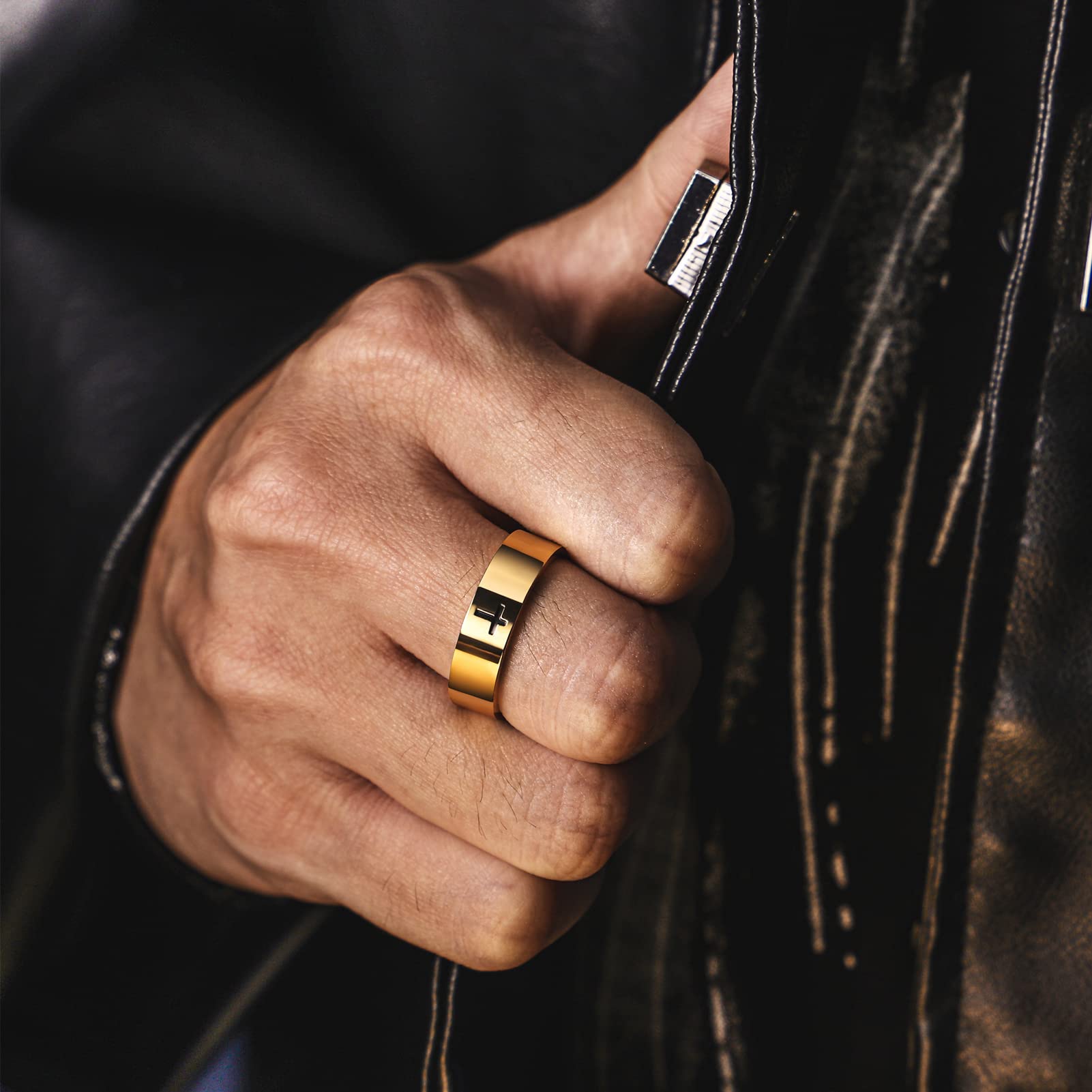 Cross Rings for Men, 18K Gold Plated Mens Rings Stainless Steel Silver Lord Prayer Jesus Christian Black Pinky Ring, Ring Size 5 to 13