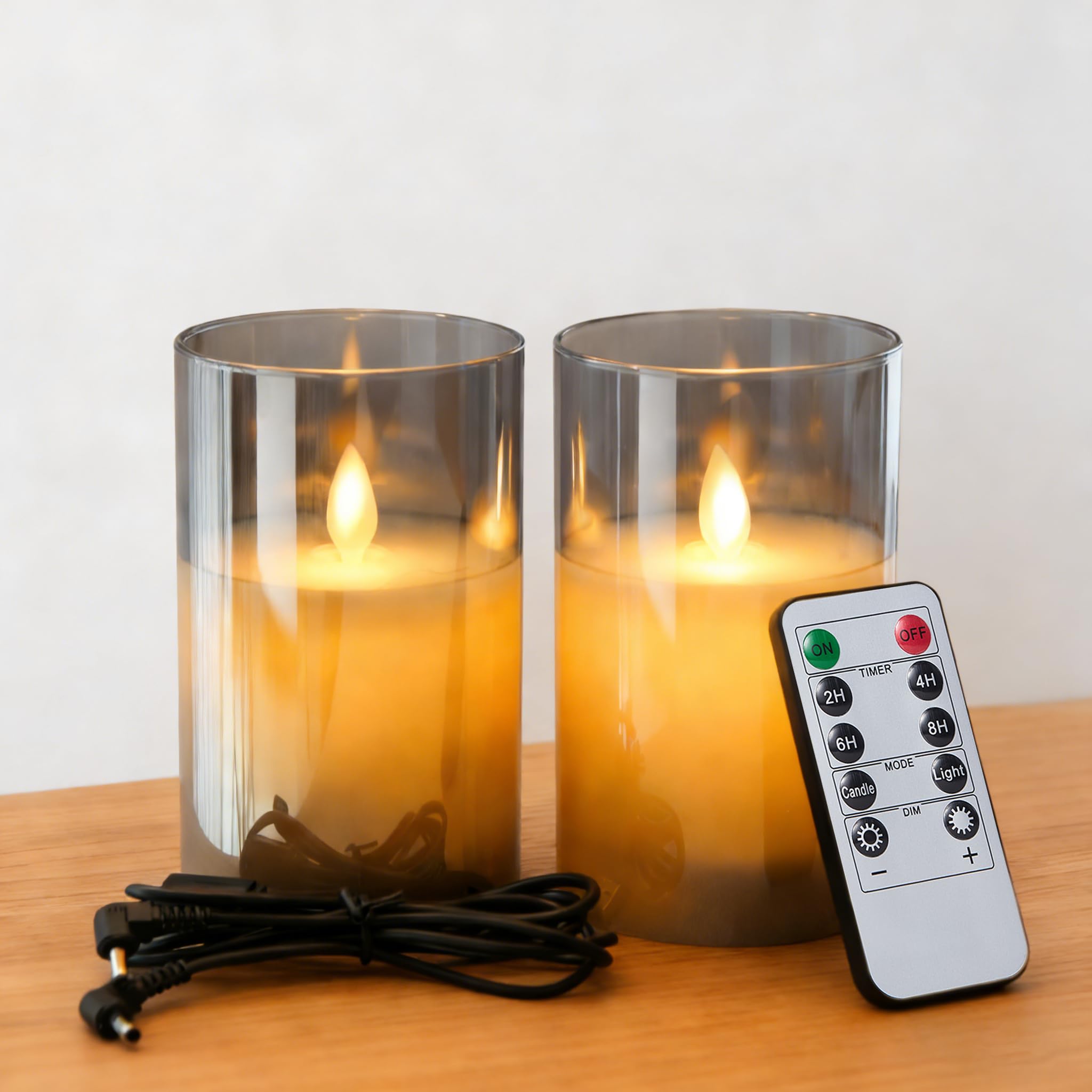 Koelaa LED Flameless Candles, [2 Pack], Rechargeable Candles, Grey Glass Flameless Flickering Candle with Remote, USB Candle, for Christmas, Festivals Decoration-7.5 * 10cm