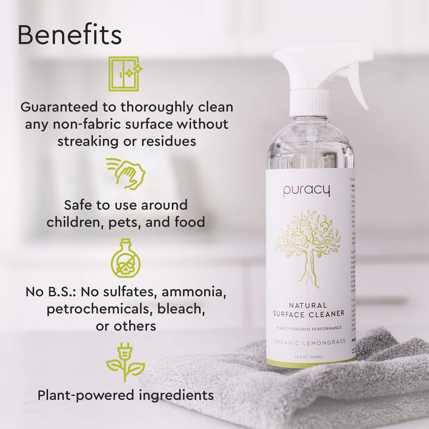 Puracy Multi-Surface Cleaner, Organic Lemongrass, Streak-Free Natural All Purpose Cleaner for Kitchens and Bathrooms, 25 Fl Oz (2-Pack): Health & Personal Care