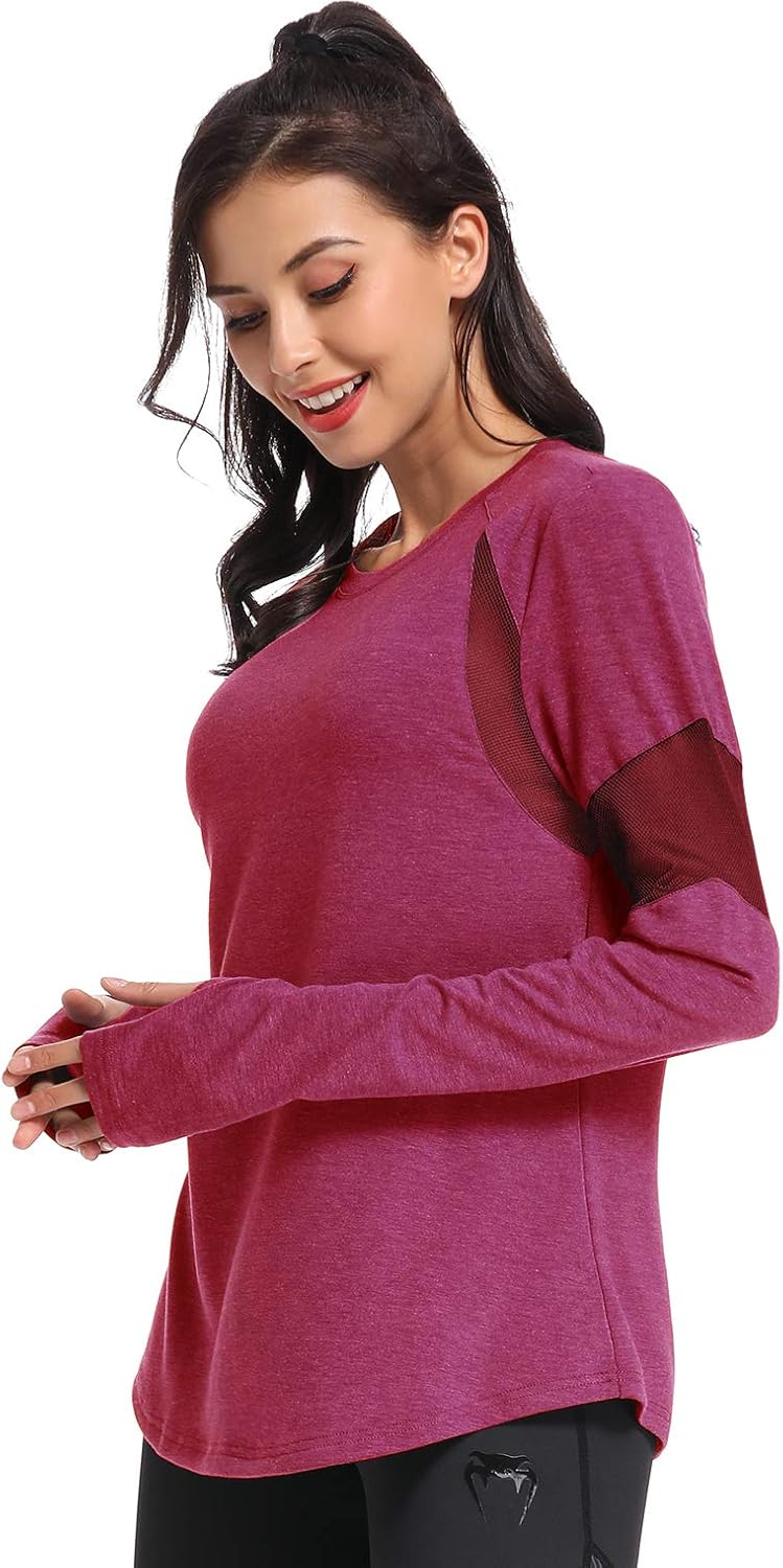 Muzniuer Womens Long Sleeve Workout Shirts-Plain Long Sleeve Tshirt for Women Yoga Sports T-Shirt Activewear with Thumb Hole: Clothing