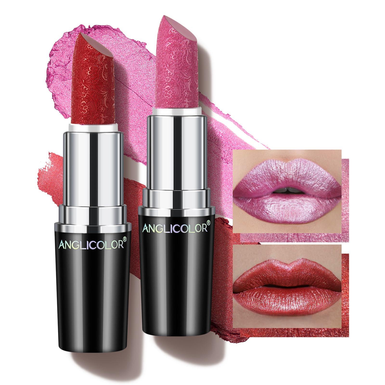 Anglicolor Metallic Glitter Red Lipstick,High Impact Shimmer Lipcolor,Long-Lasting Moisturising,Lightweight Hydrating Creamy Formula Smooth and Non-Sticky,Pink Lipstick For Women (#12+#15, 8g)