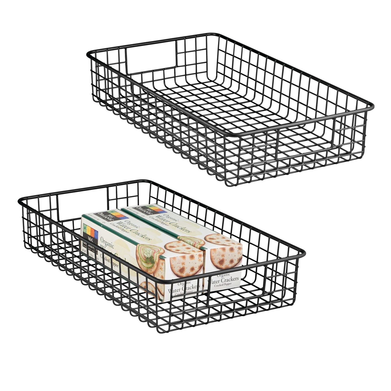 mDesign Set of 2 Wire Baksets - Wide Wire Storage Basket for Kitchen, Pantry, Cabinet - Matte Black