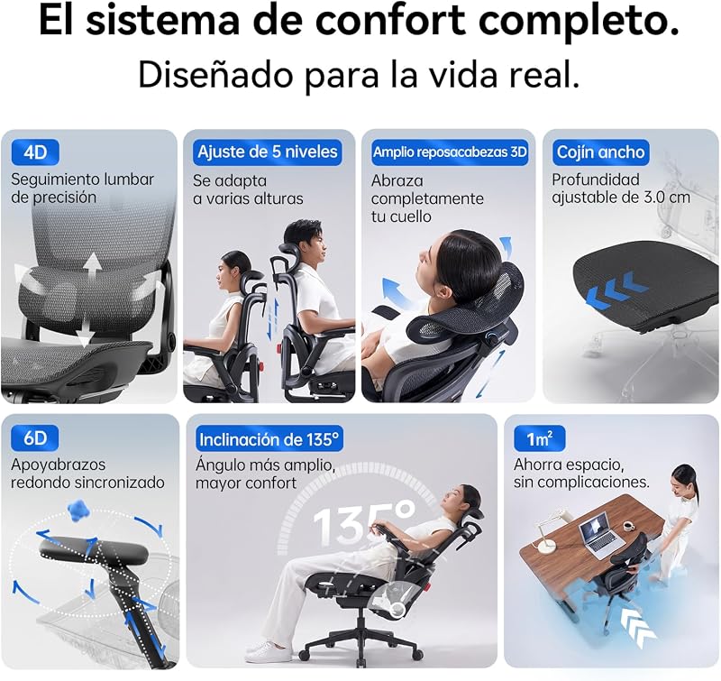 B300 Pro Silla Ergonómica Oficina Soporte Lumbar Adaptativo, Negro — foto 5 de 8