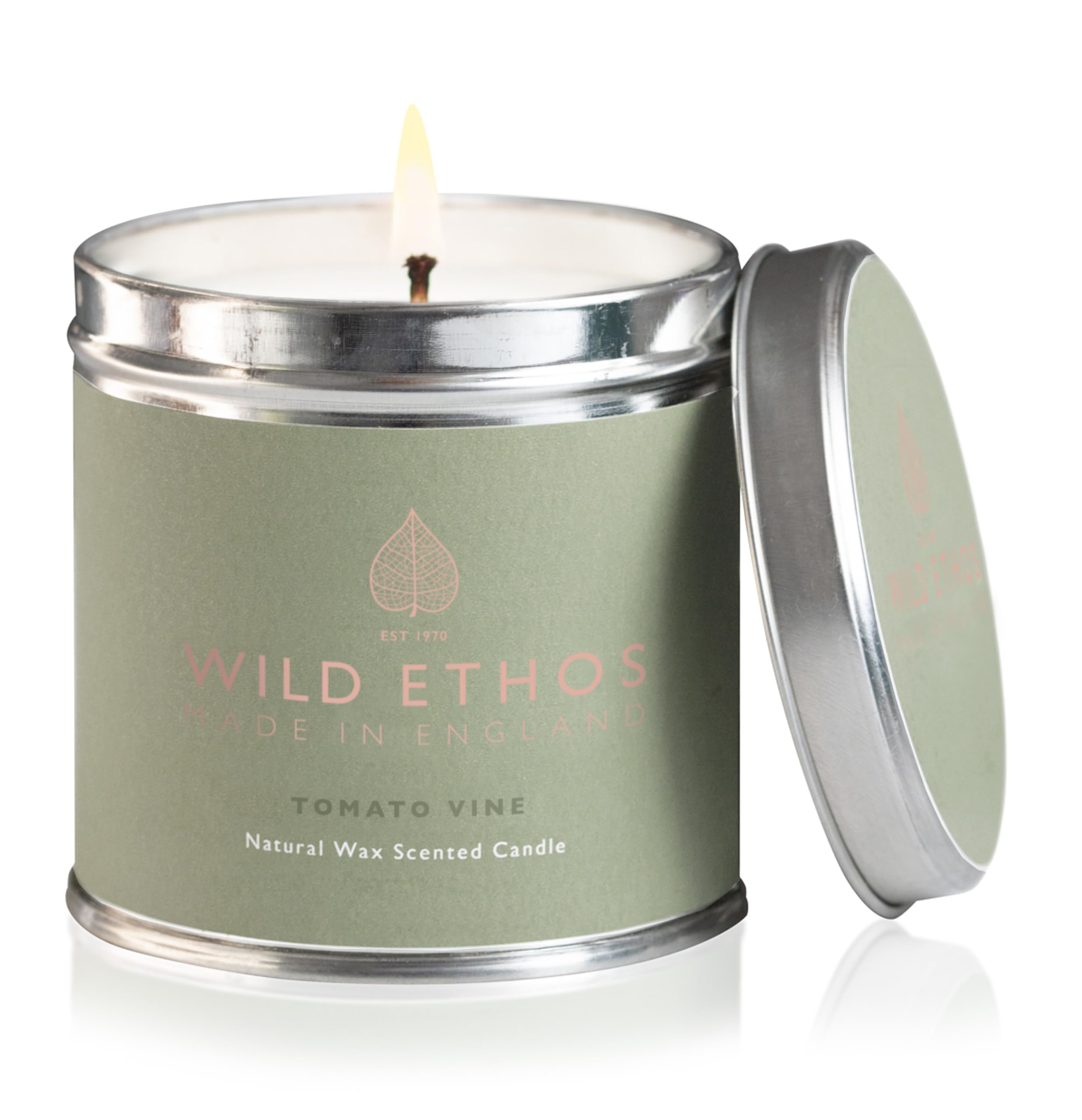 Wild Ethos Naturals Premium Scented Natural Wax Tin Candle - Tomato Vine Scent - Hand-Poured in UK - Burn Time 40+ Hours - Natural Ingredients for Less Smoke & Slow Burn