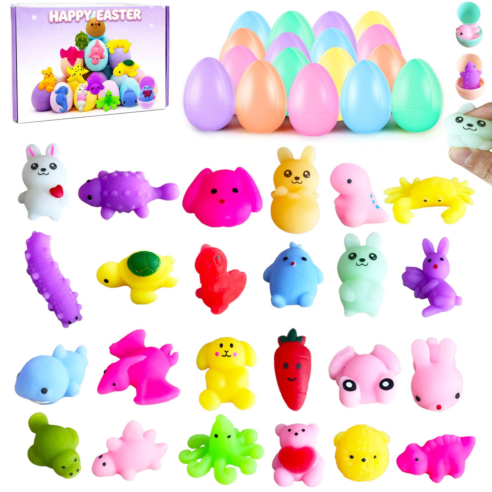 24 Pack Prefilled Easter Eggs with Squishy Animal Toys Inside - Ready to Use for Easter Basket Stuffers & Egg Hunt Fillers, Sensory Fidget Toys for Kids Boys Girls Age 3+
