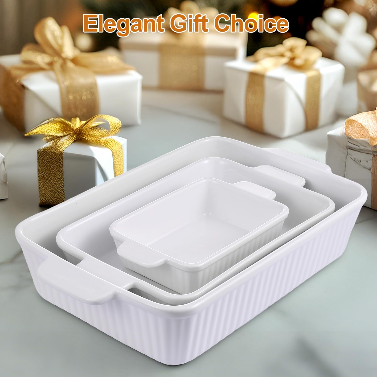 Bakeway Casserole Dishes for Oven, Ceramic Baking Dish Set with Handles, Porcelain Rectangular Lasagna Pan Deep of 3, Oven-Safe Bakeware Sets for Cooking, Kitchen, Holiday Gifts (15.5