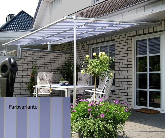 LECO Vlexy Standard Terrassenüberdachung 3 x 4m Standmarkise Sonnenschutz Sonnensegel blau/gelb gestreift