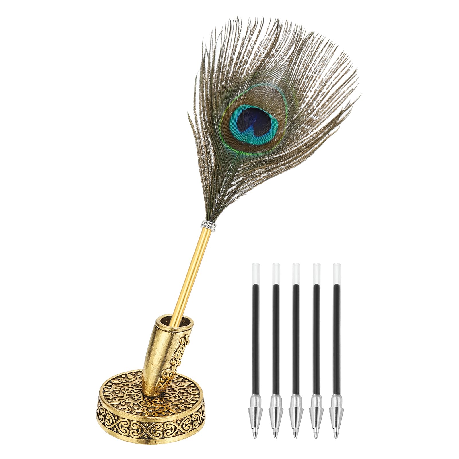 Photo 1 of PATIKIL Peacock Feather Ballpoint Pens Bulk, Metal Holder Black Ink Vintage Quill Writing Pens with 5 Pieces Refill for Office, Wedding Signature, Gold