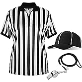Geyoga 4 Pcs Men's Official Referee Costume Set Black and White Stripe Referee Shirt Hat Whistle Lanyard for Carnival(L)