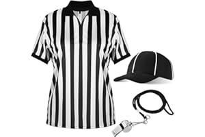 Geyoga 4 Pcs Men's Official Referee Costume Set Black and White Stripe Zipper Collar Referee Shirt Hat Stainless Whistle with Lanyard Yellow Penalty Flag for Halloween(Large)