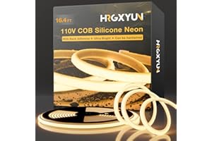 HRGXYUN COB LED Strip Lights 110V - 5m/16.4ft Waterproof Silicone Rope Light with Adhesive Backing, Dimmable Warm White Neon Lighting for Cabinets, Home Office & DIY Projects