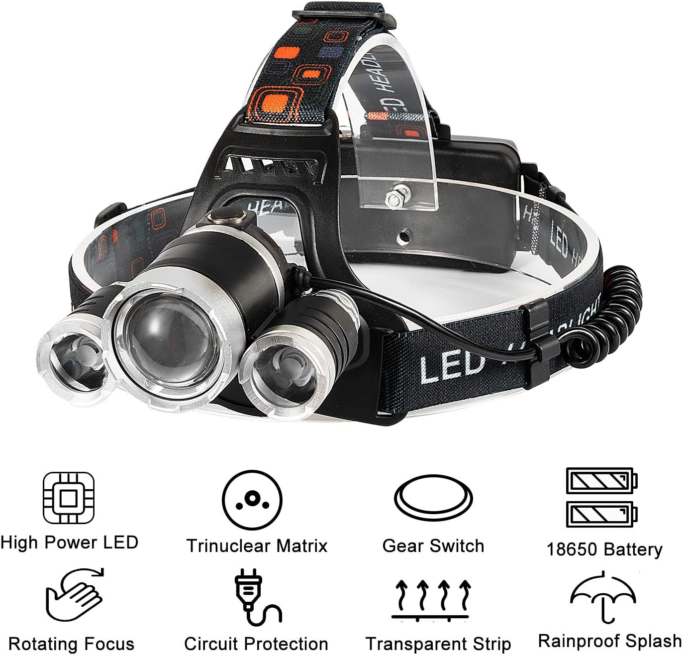 Headlamp, 6000 High Lumens Brightest Head Lamp, 18650 USB Rechargeable LED Work Headlight Flashlight Waterproof Flashlights 4 Modes Headlamps for Adults Running Camping Fishing Hiking Biking - - 