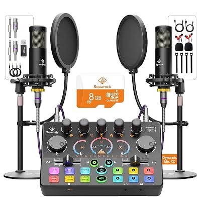 Podcast Equipment Bundle for 2, with XLR Dynamic Microphone, TF card, 5RGB,Surround Sound,Suitable for Live Streaming/TikTok/YouTube, Compatible with iOS,Android,PC,Camera RS2