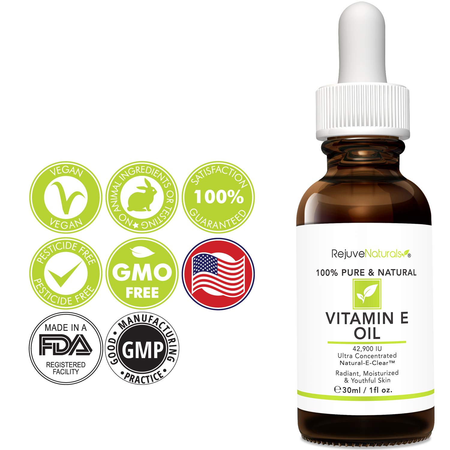 Vitamin E Oil - 100% Pure & Natural, 42,900 IU. Visibly Reduce the Look of Scars, Stretch Marks, Dark Spots & Wrinkles for Moisturized & Youthful Skin. d-alpha tocopherol (1 Fl. Oz): Beauty