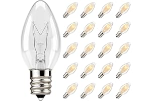 Konictom 25 Pack C7 Clear Replacement Bulbs, C7 Outdoor Candle Light Bulbs, Night Candle Light for Indoor Outdoor Patio Bistro Party Decor Christmas String Light, E12 Candelabra Base, 5W