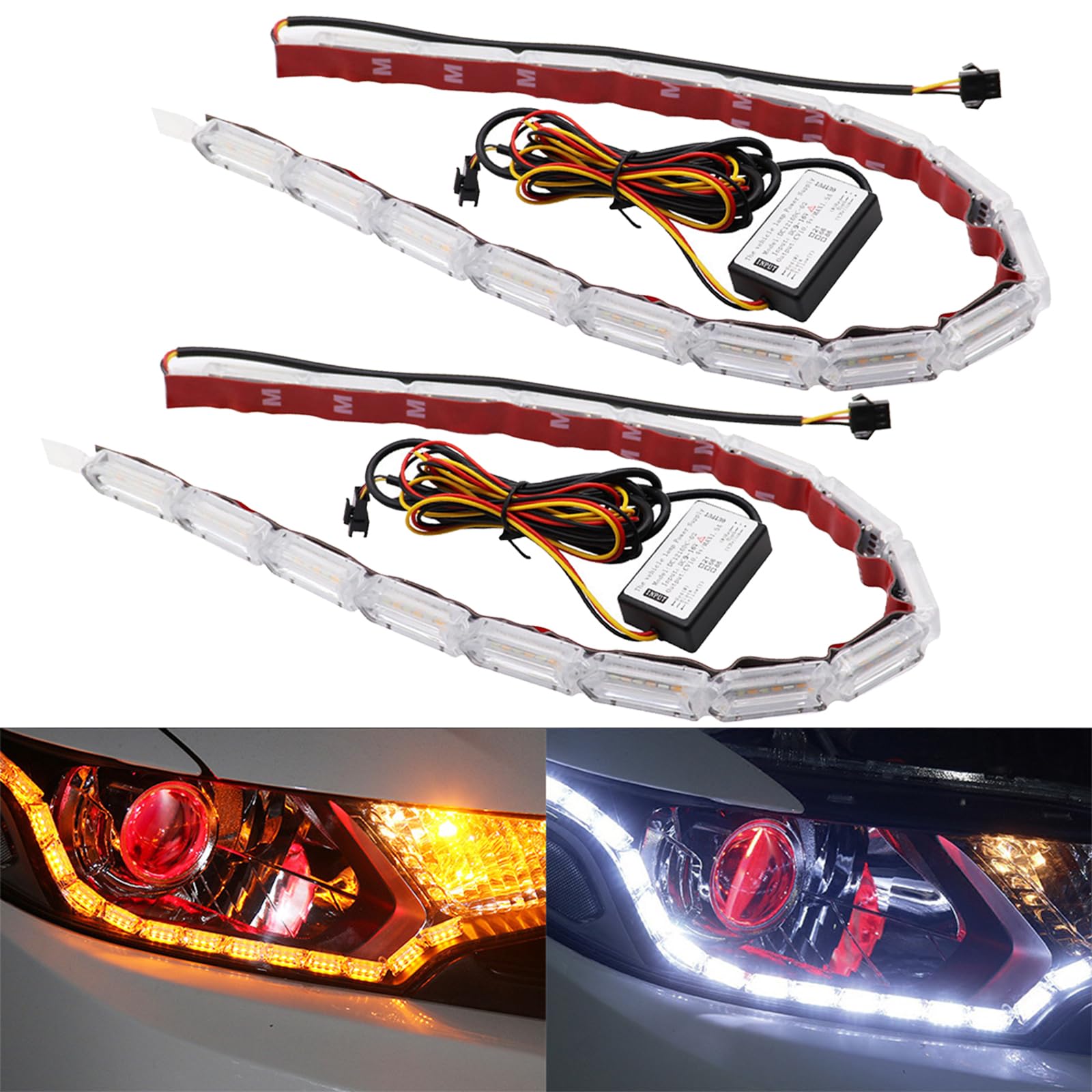 Photo 1 of **FOR PARTS ONLY/NON-FUNCTIONAL** AUTOXBERT Car Daytime Running Light Strip, 2Pcs Flexible Crystal DRL LED Strip Sequential, Dual Color 17Inch Headlight LED Strip Turn Signal Lights Strip (White&Amber)