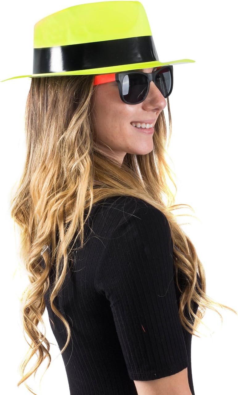 Funny Party Hats Neon Party Supplies - Fedora Party Hats with Party Sunglasses - Gangster Party - 24 Pc Set: Clothing