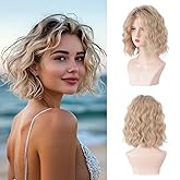 Short Ombre Ash Blonde Wavy Wigs for Women 14 Inch Shoulder Length Curly Wavy Bob Wig Synthetic Natural Hair Wig for Daily Party Use (Ash Blonde, 14 inch)